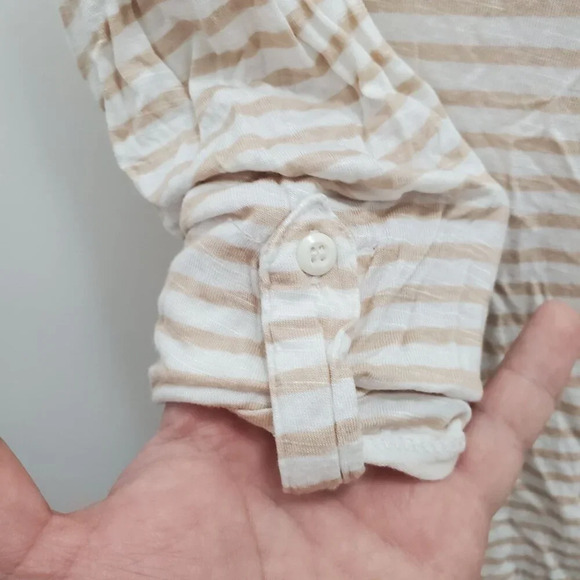 89th & Madison Women's Tan White Stripe Lightweight Knit Roll Tab Henley Top M - Picture 2 of 8